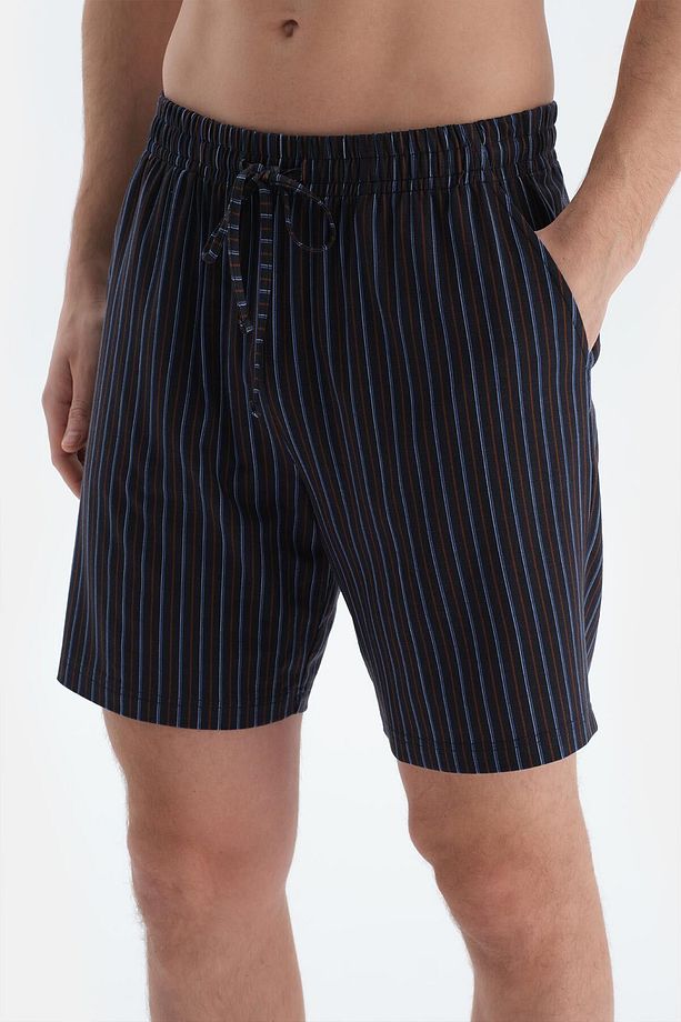 Lacivert Çizgili Gömlek Şort Pijama Takımı - 5