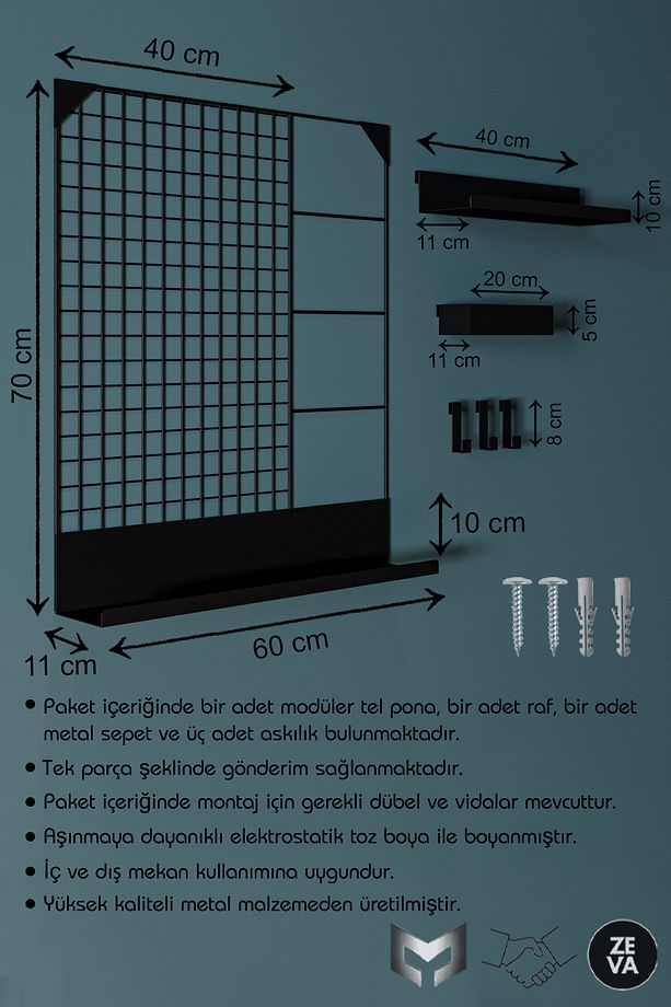 Modüler Metal Duvar Rafı - Tel Izgara Dekoratif Modüler Raf Sistemi, Tak-Çıkar Raflı, Siyah - 5