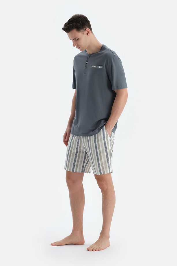 İndigo Pat Ve Fleto Cep Detaylı Tişört Şort Pijama Takımı - 3