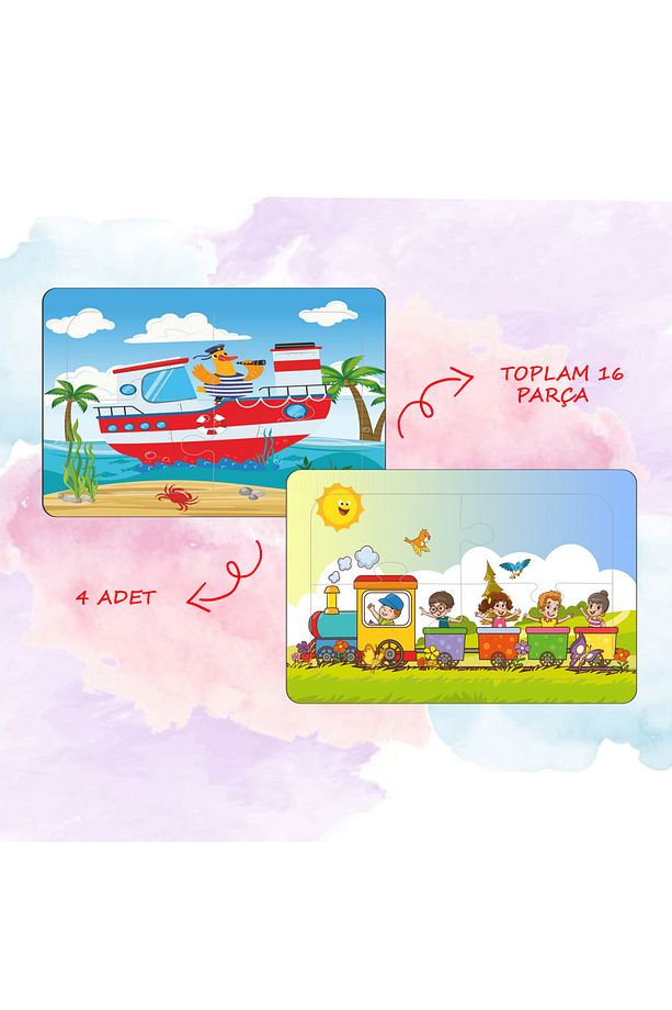 4 adet 16 parça ahşap eğlenceli taşıtlar puzzle yapboz - 5