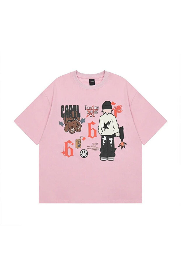 Ophella Pink Retro Graphic Printed Oversized T-Shirt