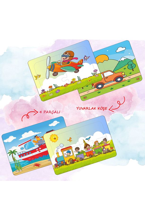4 adet 16 parça ahşap eğlenceli taşıtlar puzzle yapboz - 2