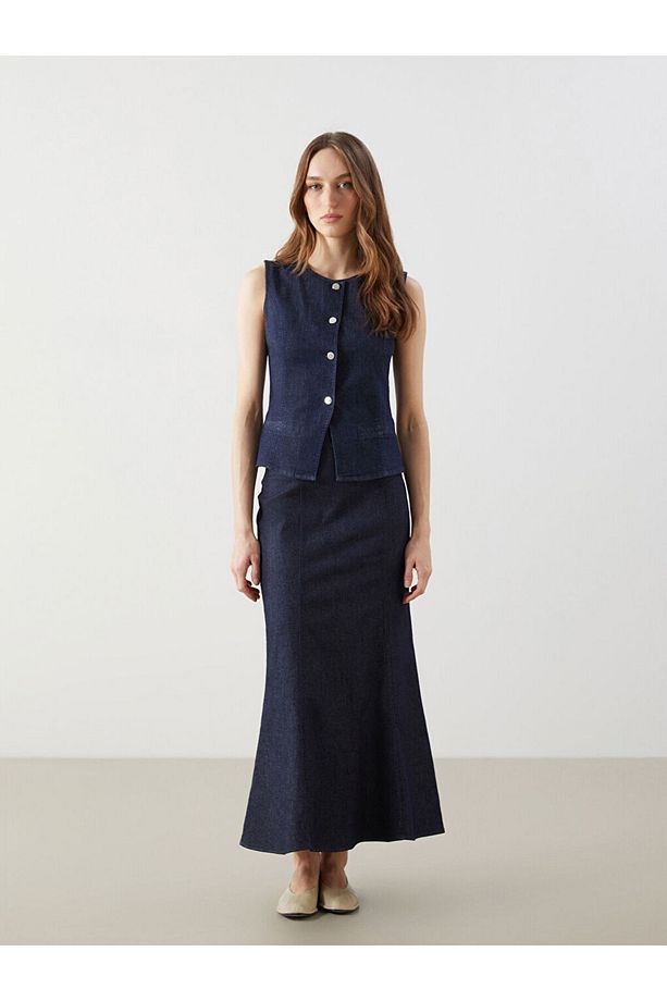 LCW Modest Bisiklet Yaka Kadın Jean Yelek - 3