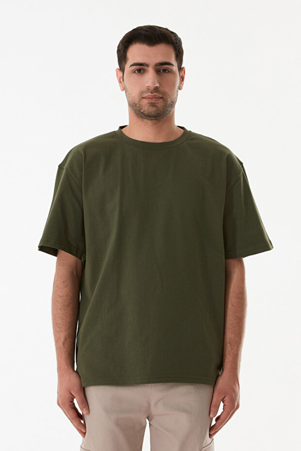 Basic Bisiklet Yaka Oversize Tişört - 6