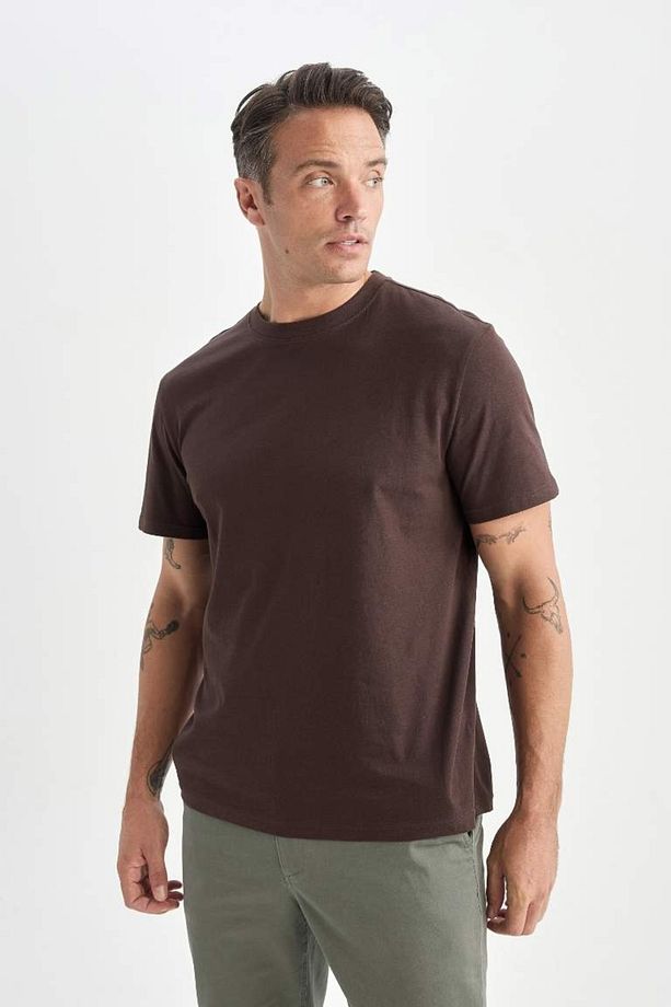 New Regular Fit Bisiklet Yaka Basic Düz Kısa Kollu Tişört - 1