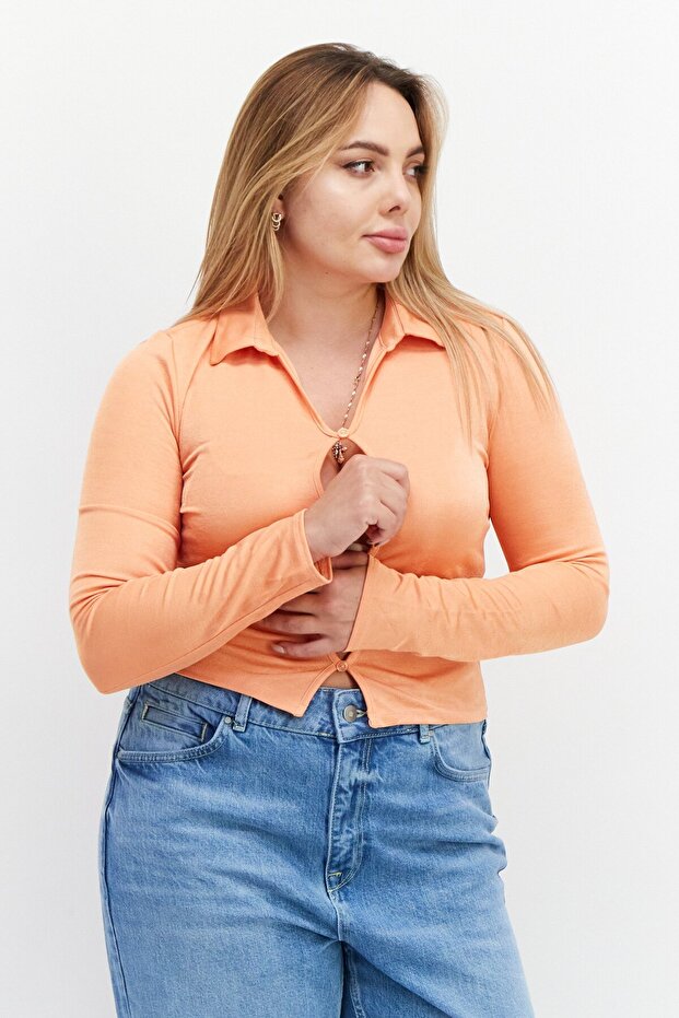 Women Keyhole Long Sleeves Plain Cropped Top, Orange