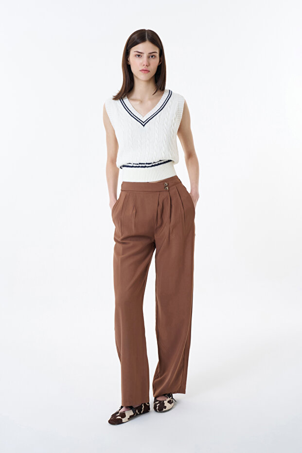 Button Waist Detailed Palazzo Trousers Brown