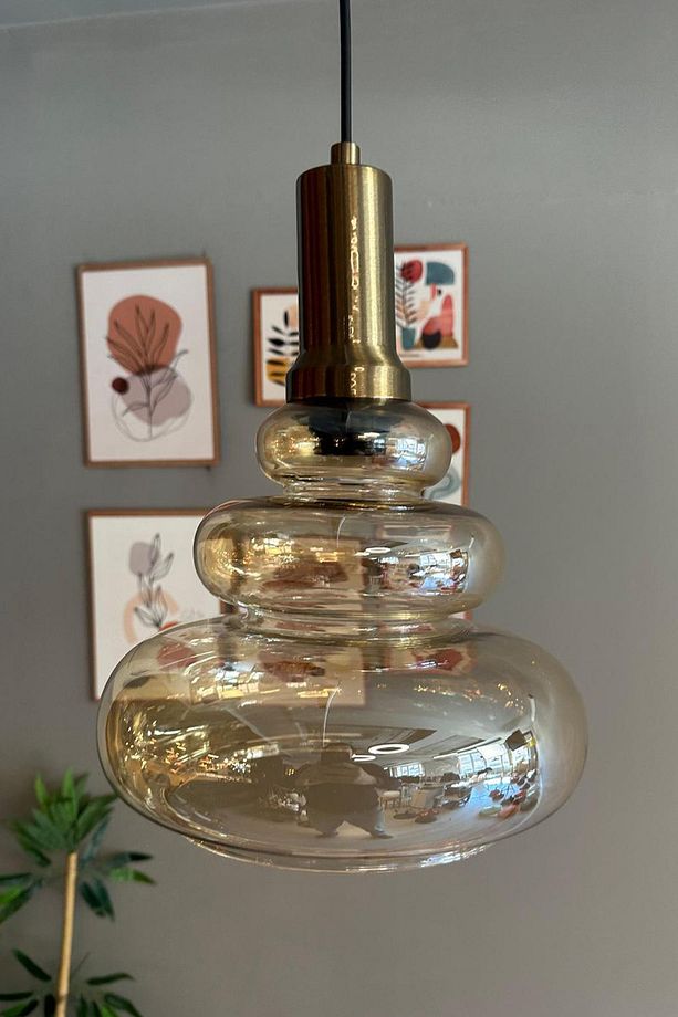 Lily Cam Bal Rengi Tekli Avize Eskitme Fener Başlık Retro Sarkıt Lamba Restoran Salon Aydınlatma - 4