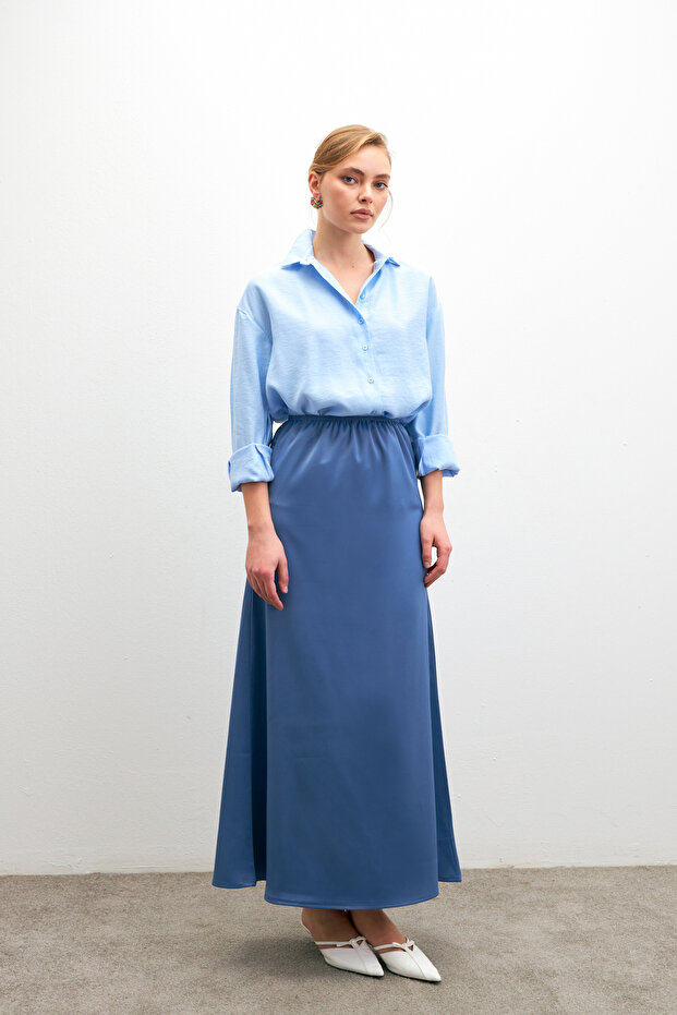 Women's Blue Elastic Waist Flowy Satin Flared Skirt