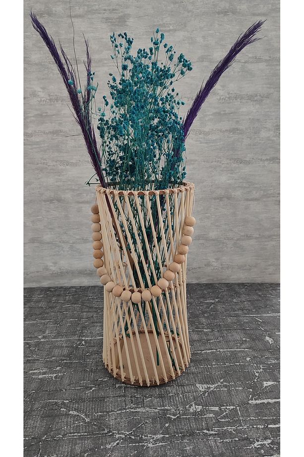 Bambu Çubuklu Ahşap Boncuklu Pampas Vazo 2 li Set - 6
