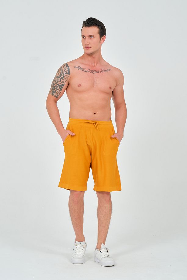 Unisex Relaxed Fit Hardal Sarısı Triko Örme Şort - 5