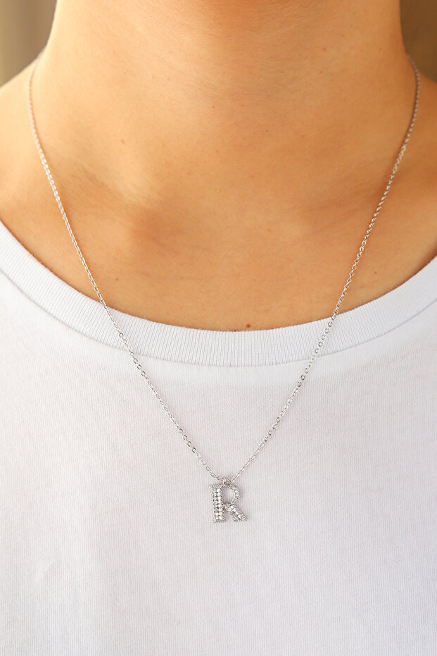 Silver Color Zircon Stone Steel Letter Necklace(51 cm)