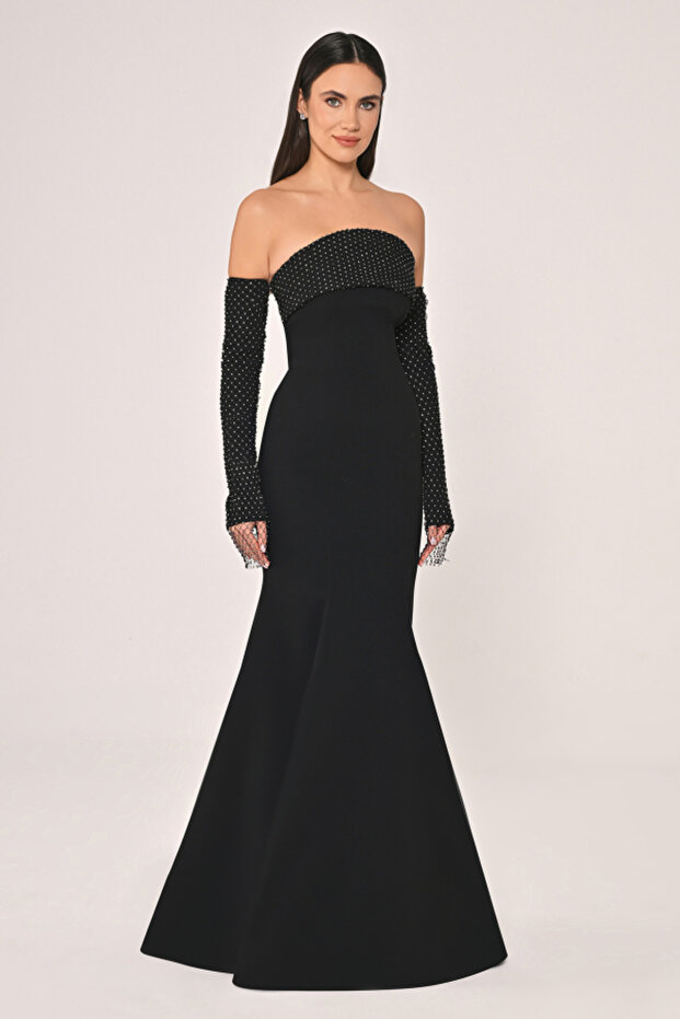 Straplez Yaka ve Kol Taşlı File Krep Uzun ABİYE Elbise - 2