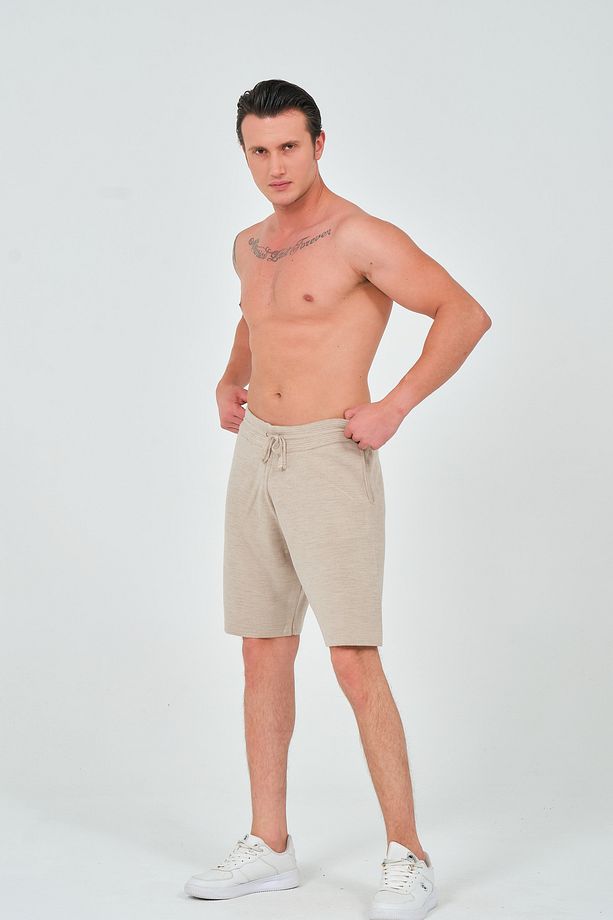 Unisex Relaxed Fit Esnek Tok Kumaş Koyu Bej Triko Örme Şort - 5