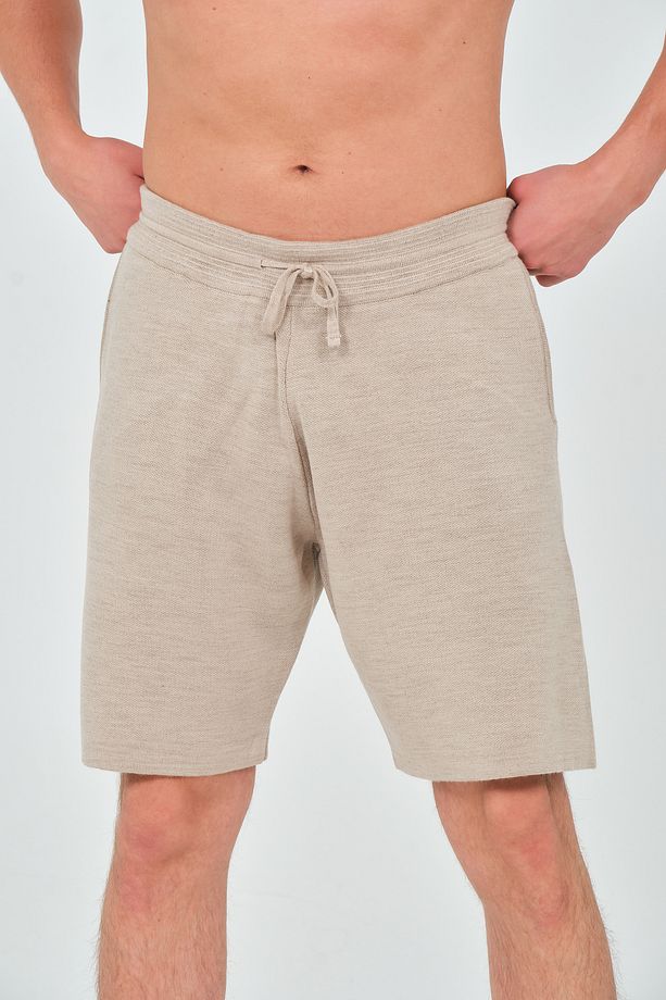 Unisex Relaxed Fit Esnek Tok Kumaş Koyu Bej Triko Örme Şort - 6