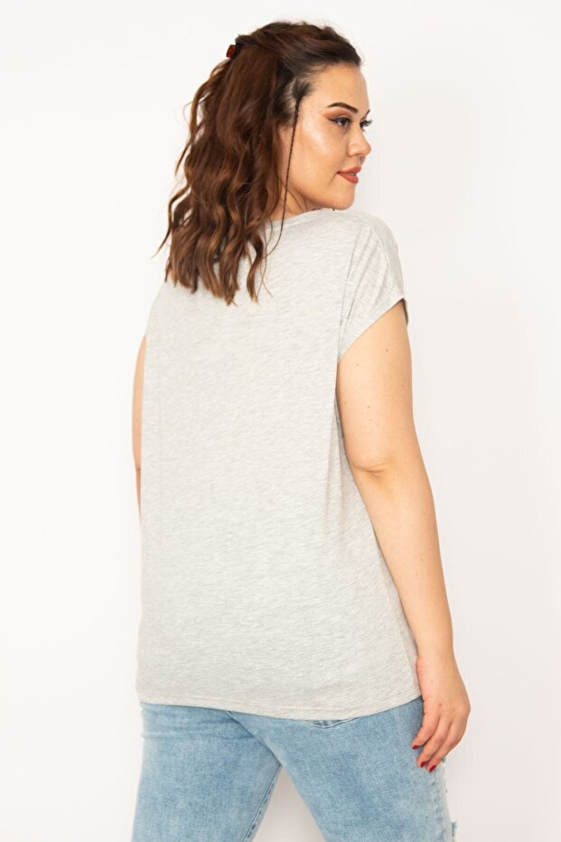 Women's Large Size Gray Butterfly Printed Low Sleeve Blouse 65n33290 - 4