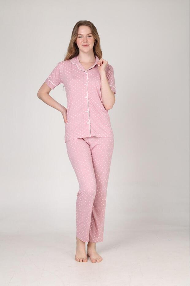 Women's Front Buttoned Short Sleeve Summer Combed Cotton Pink Polka Dot Pajama Set
