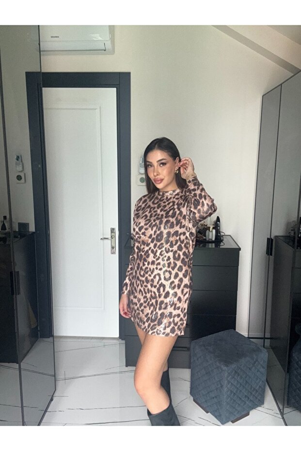 Leopar Desenli Payet Elbise - 1