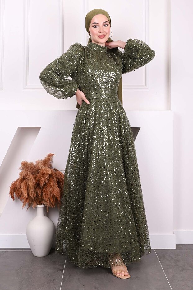 Khaki Beaded Sequined Evening Dress