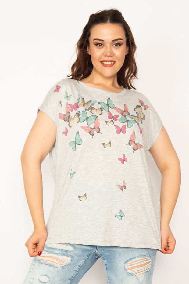 Women's Large Size Gray Butterfly Printed Low Sleeve Blouse 65n33290 - 6