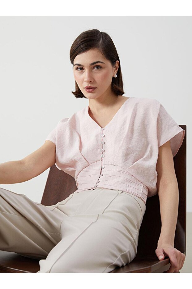 LCW Vision V Yaka Crop Kadın Bluz - 1