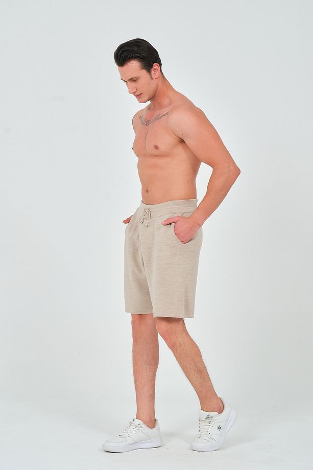 Unisex Relaxed Fit Esnek Tok Kumaş Koyu Bej Triko Örme Şort - 7