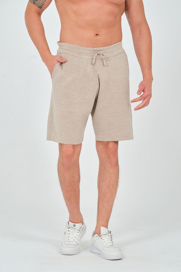 Unisex Relaxed Fit Esnek Tok Kumaş Koyu Bej Triko Örme Şort - 8