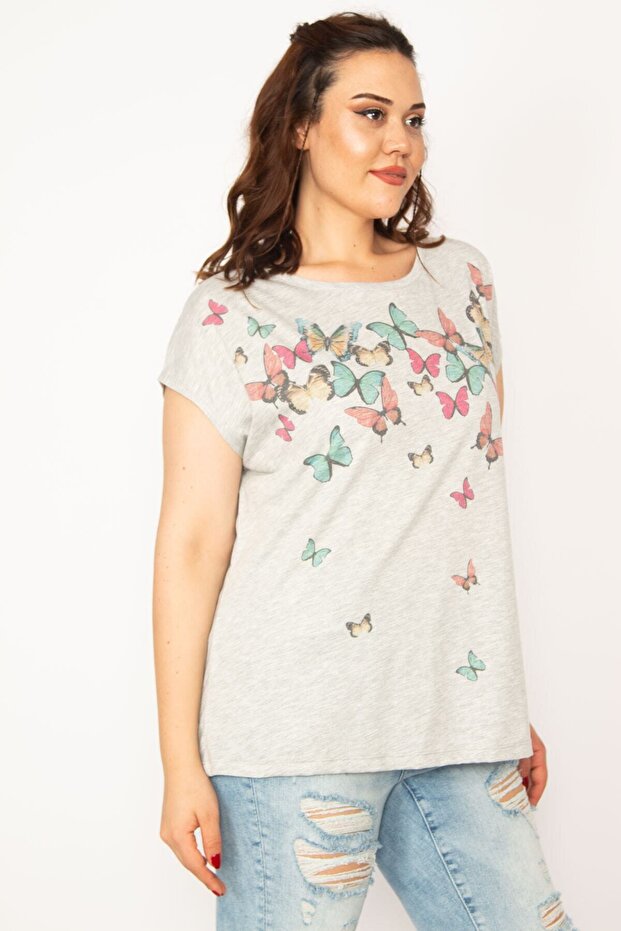 Women's Large Size Gray Butterfly Printed Low Sleeve Blouse 65n33290 - 3