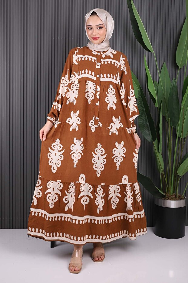 فستان فيسكون بنصف زر منقوش باللون البني - 1