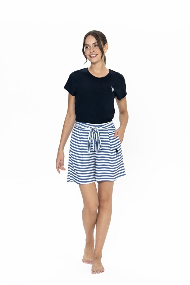20034 Women's Navy Blue Short Sleeve Round Neck Belted Shorts Suit