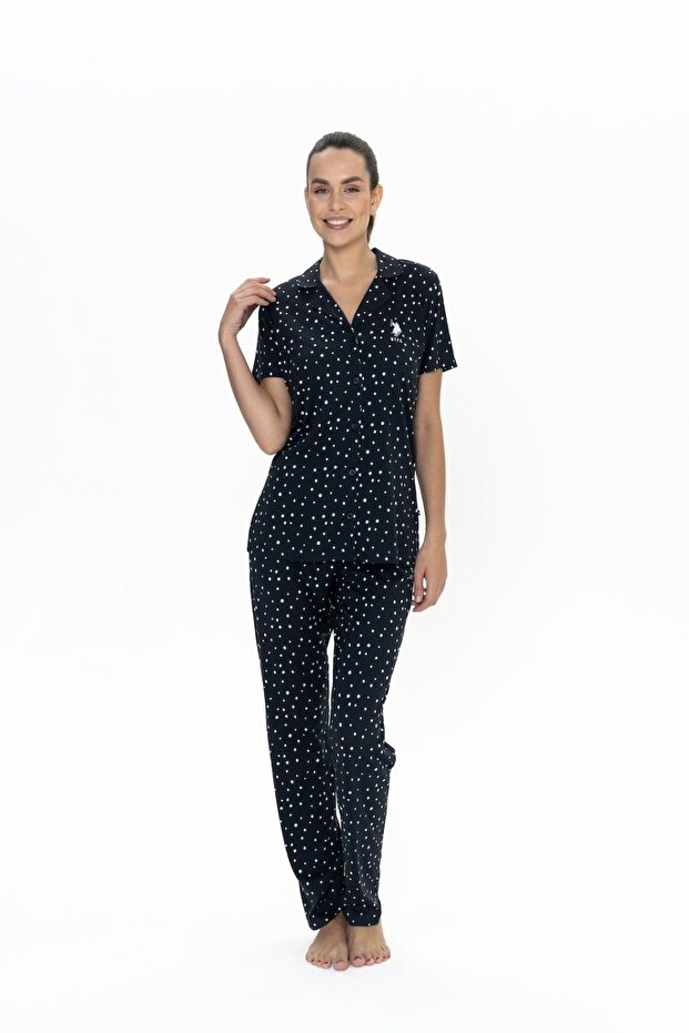 20051 Women's Navy Short-Sleeved Full-Button Pajama Set