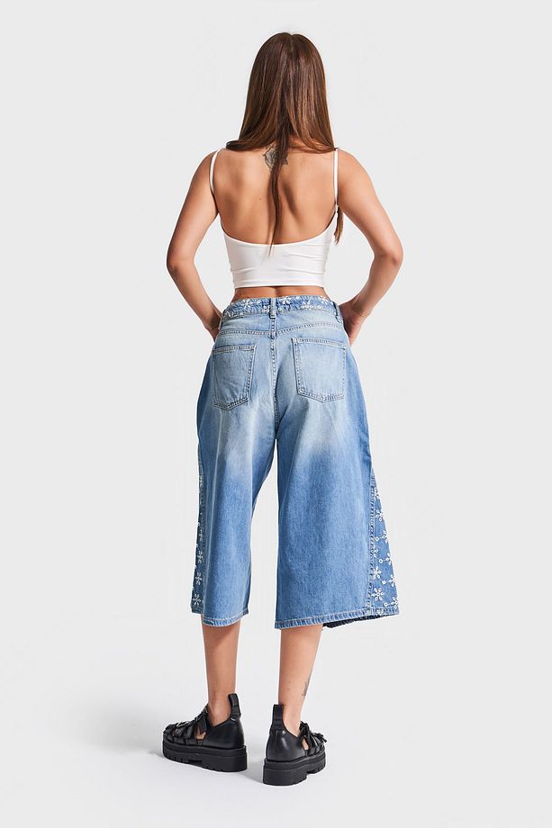 Kadın Mavi Kot Rengi 2S5-75 Çiçek Nakışlı Maxi Boy Tasarım Denim Şort - 6