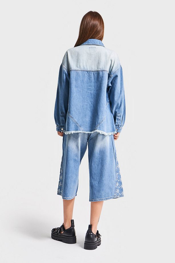 Kadın Mavi Kot Rengi 2S5-75 Çiçek Nakışlı Oversize %100 Koton Tasarım Denim Gömlek - 6