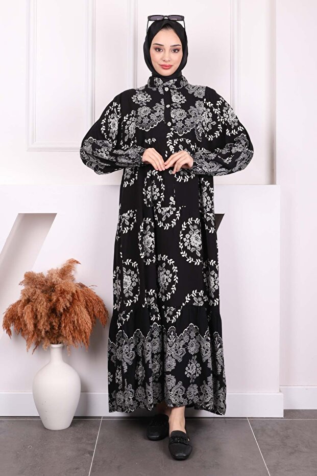 Black Patterned Half Button Viscon Dress - 2