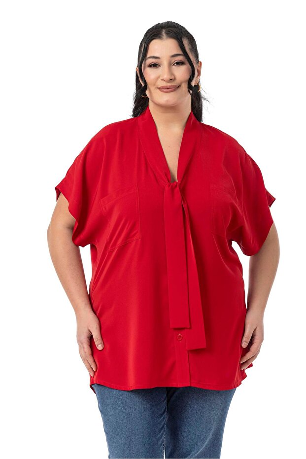 Large Size Red Blouse with Tie-Up Detail at the Collar and Low Half Sleeves