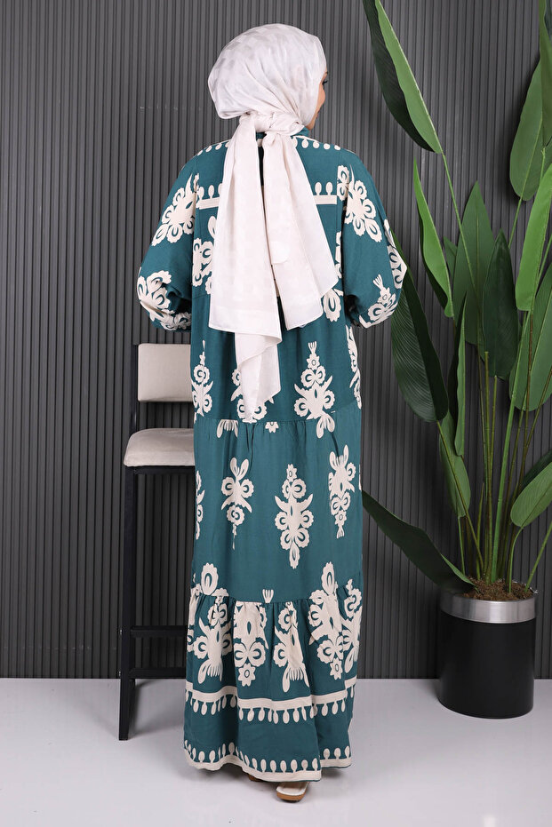 فستان فيسكون منقوش بنصف زر باللون الأخضر الزمردي - 4