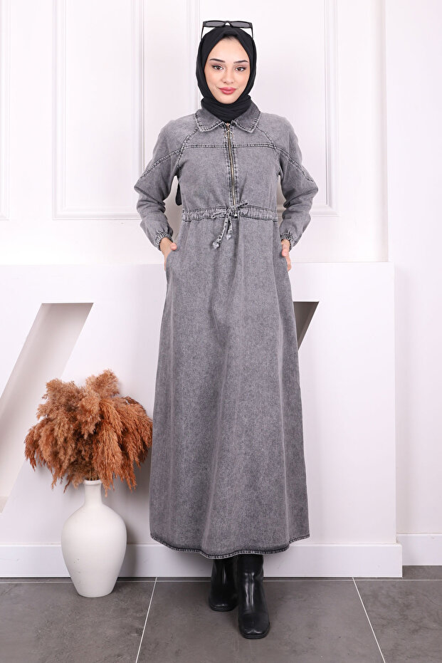 Smoked Front Zipper Waist Drawstring Denim Dress