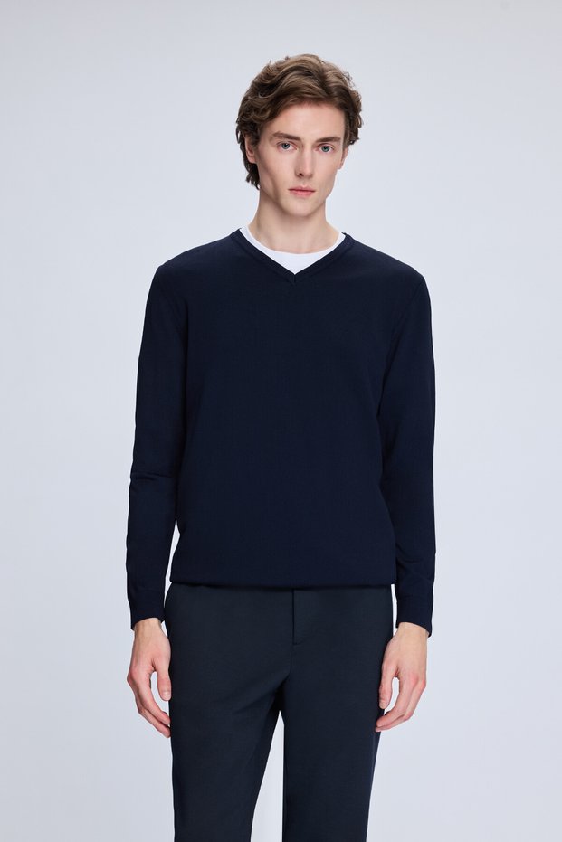 Lacivert Regular Fit V Yaka Rayon Kazak