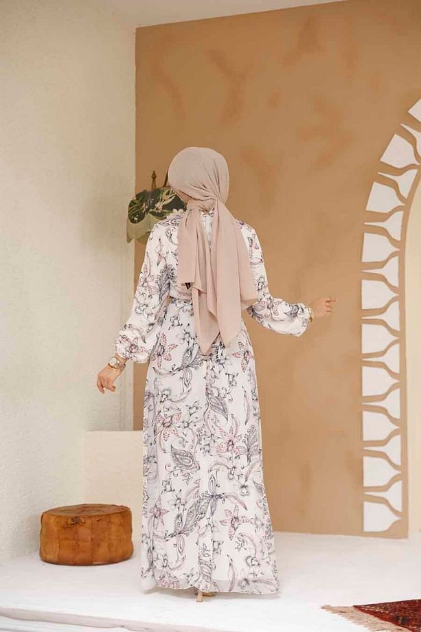 Çiçek Desenli Ekru Tesettür Elbise 27973e - 6