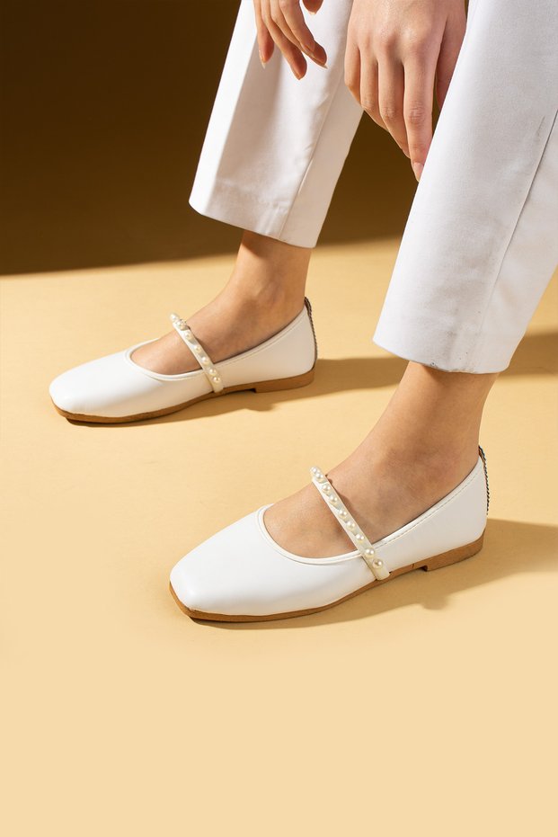 Women's Flats White Pearl Banded Lightweight Comfortable Sole Stylish Casual Shoes