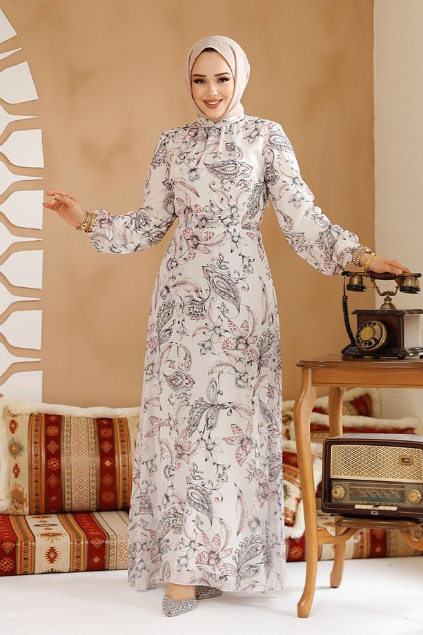Çiçek Desenli Ekru Tesettür Elbise 27973e - 3