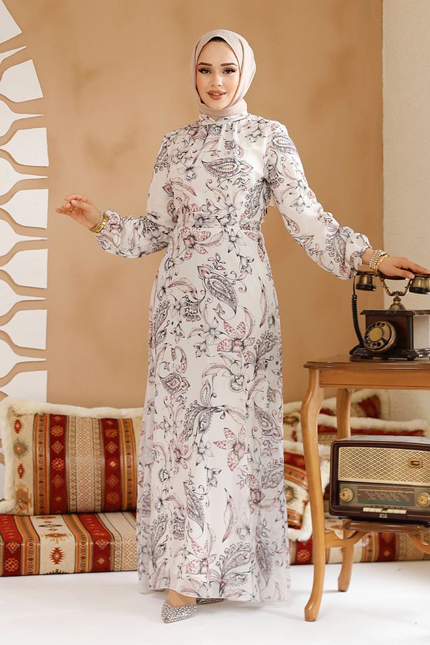 Çiçek Desenli Ekru Tesettür Elbise 27973e - 5