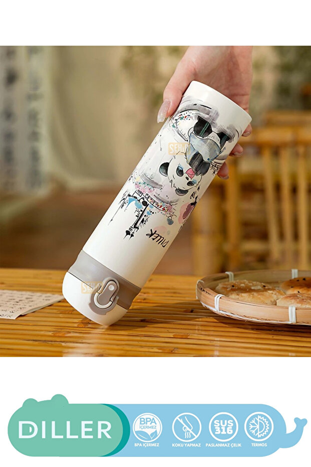 480ml Yeni Koleksiyon Sevimli Hayvanlar Desenli Pipetli Kilitlenebilir Kapak Paslanmaz Çelik Termos - 3
