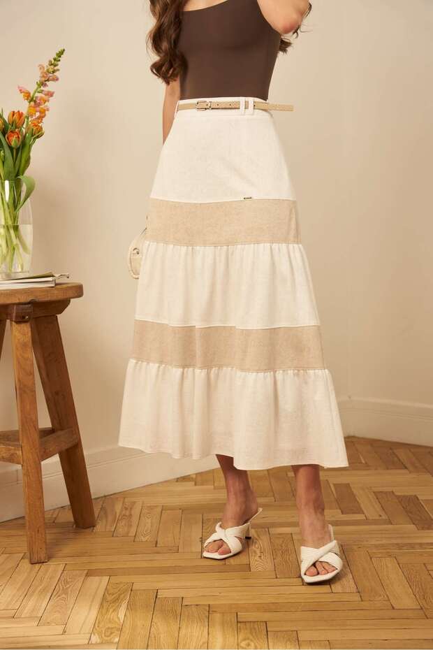 Bej Bloklu Maxi Etek - 8