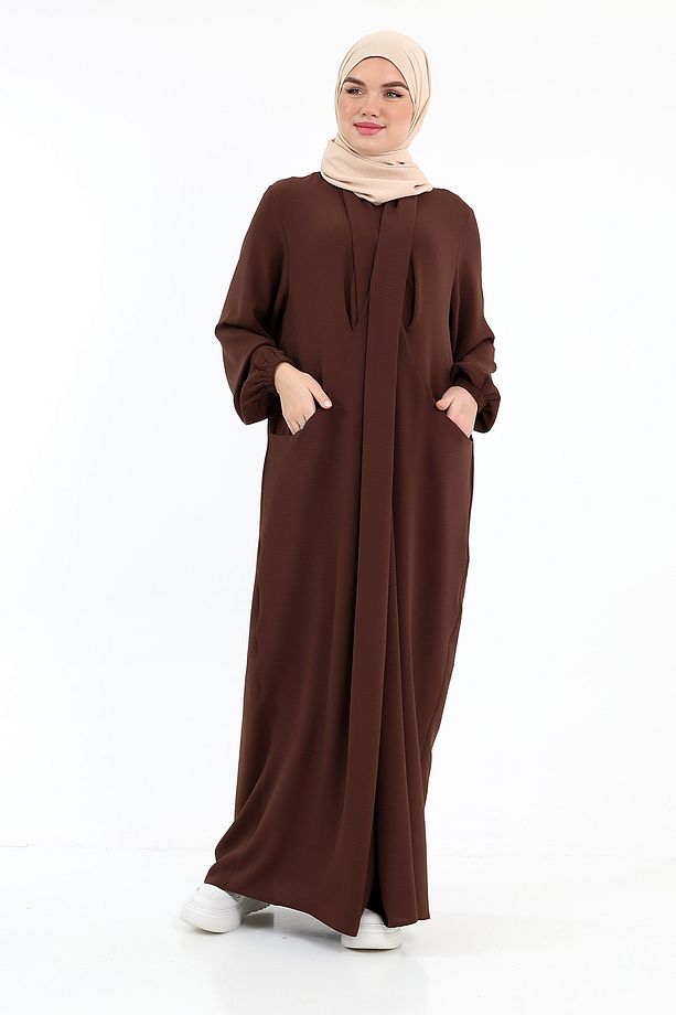 Çift Cepli Casual Bihter Çapraz Elbise Acı Kahve - 5