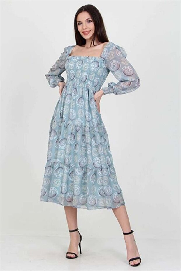 Women's Mint Gipeli Square Neck Patterned Chiffon Dress Dp100361