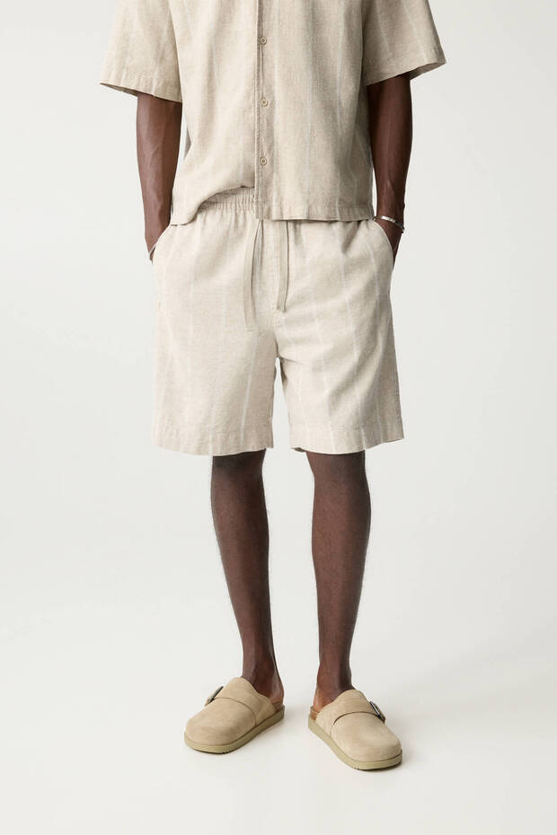 Çizgili ve keten karışımlı jogger bermuda - 2
