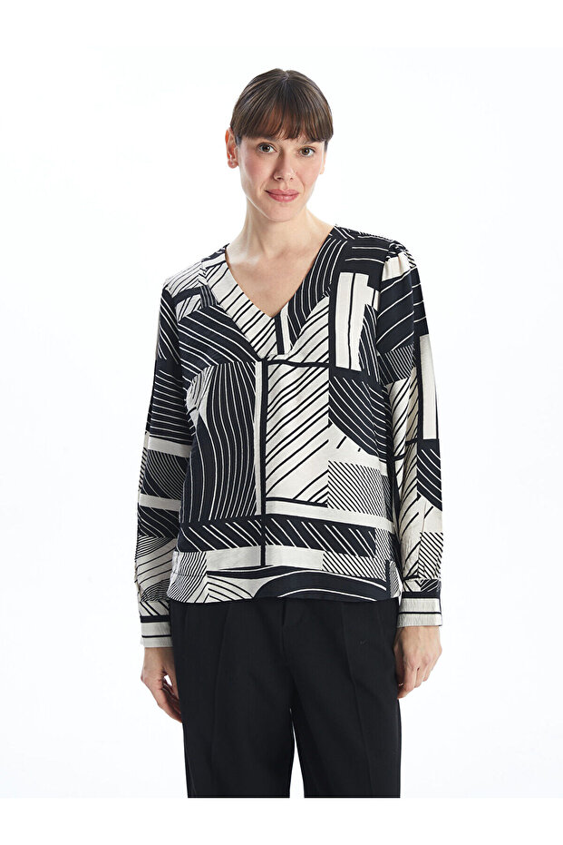 Black V-Neck Patterned Women's Blouse