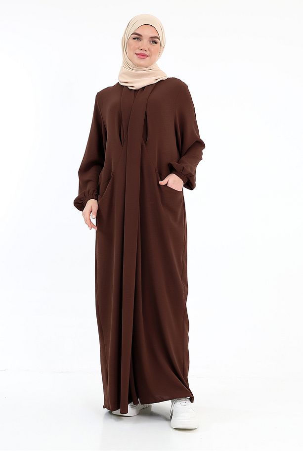 Çift Cepli Casual Bihter Çapraz Elbise Acı Kahve - 6