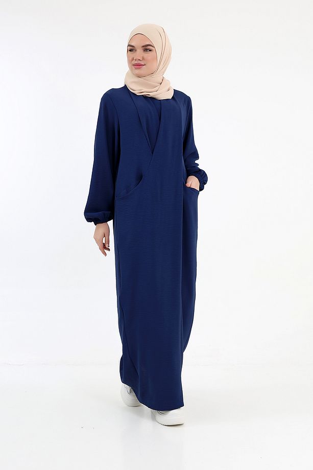 Çift Cepli Casual Bihter Çapraz Elbise Lacivert - 5